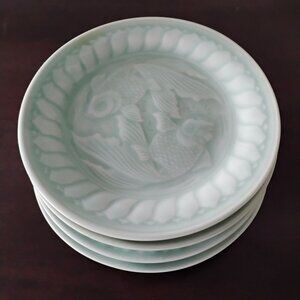 Vintage Chinese Longquan Celadon Goldfish Plates, set of 4, 7" Embossed Koi Fish